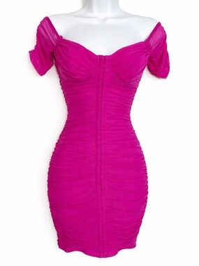 Windsor Hot Pink Ruched Bodycon Dress Off Shoulder Mini NWT